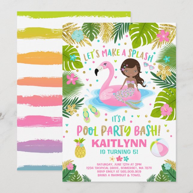 Flamingo & Mermaid Pool Party Invitation Tropical (Front/Back)