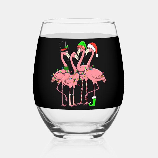 Flamingo Merry Christmas Funny Flamingo Lover Gift Stemless Wine Glass (Back)