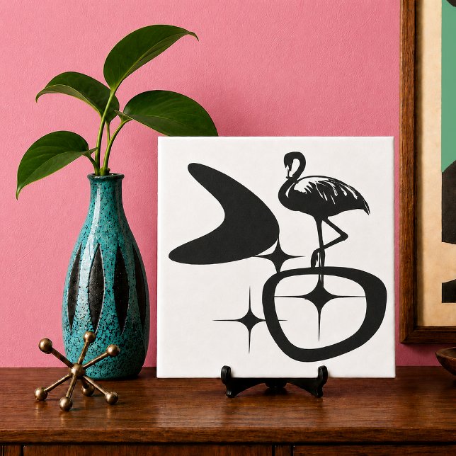 Flamingo MidCentury Modern Atomic Retro Shapes Tile (midcentury modern boomerang and starburst shapes with flamingo silhouette, Palm Springs decor )