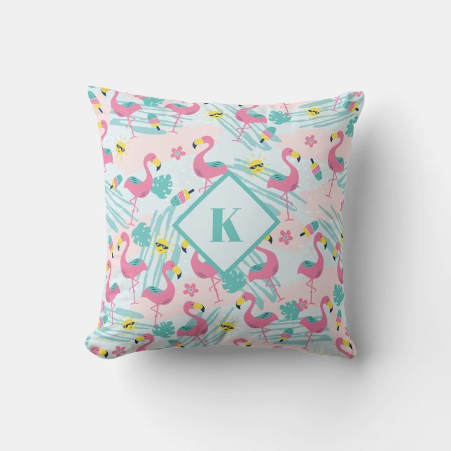 Flamingo Mint Green Tropical Pattern Monogram Throw Pillow (Front)
