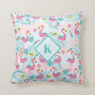 Flamingo Mint Green Tropical Pattern Monogram Throw Pillow