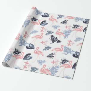 Flamingo, monstera  Navy blush pink dusty blue  Wr Wrapping Paper