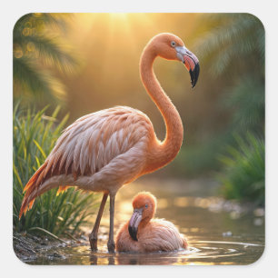 Flamingo Mother and Chick Square Sticker