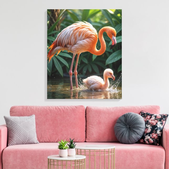 Flamingo Mother With Chick Canvas Print (Insitu(LivingRoom))