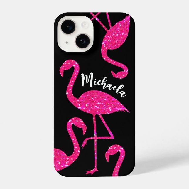 Flamingo neon pink glitter sparkles Personalize iPhone Case (Back)