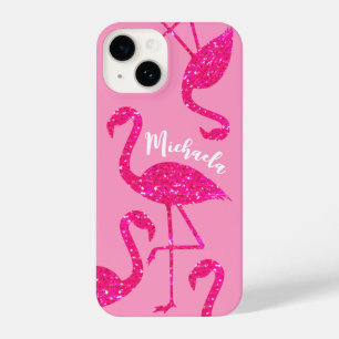 Flamingo neon pink sparkles Personalize your name  iPhone 14 Case