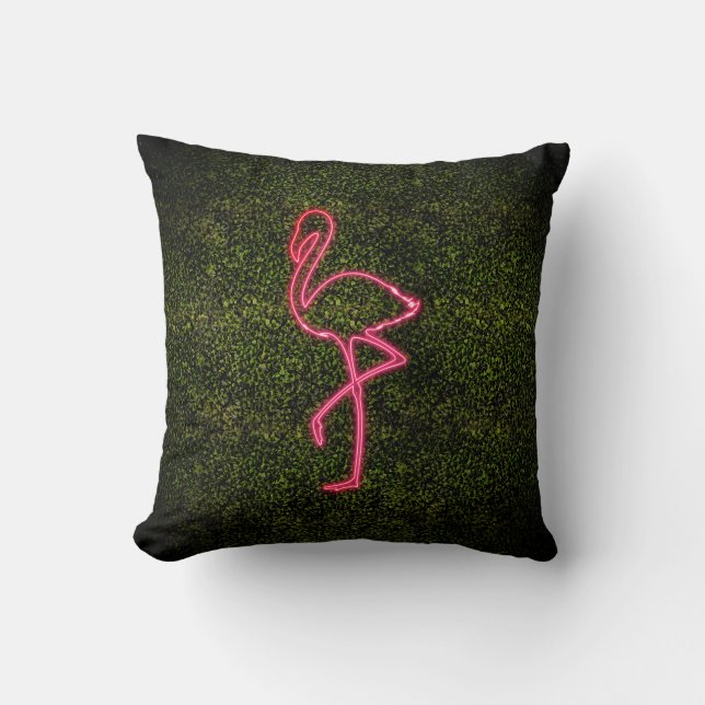 Flamingo Neon Sign Boxwood Throw Pillow (Front)