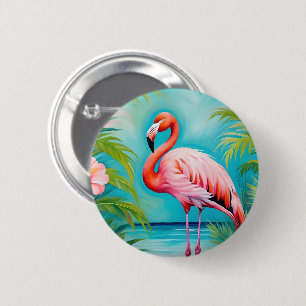 Flamingo next to tropical plants 2 inch round button