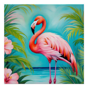 Flamingo next to tropical plants poster