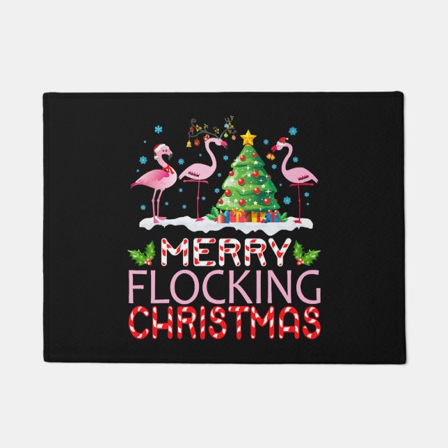 Flamingo Noel Hats Dancing On Snow Merry Flocking  Doormat (Front)