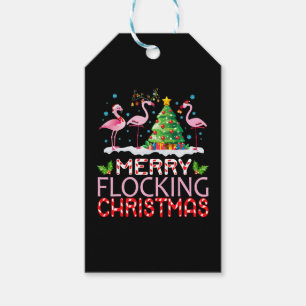 Flamingo Noel Hats Dancing On Snow Merry Flocking Gift Tags