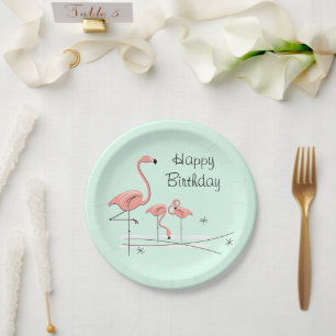 Flamingo Ocean Aqua Trio 4 Happy Birthday   Paper Plate