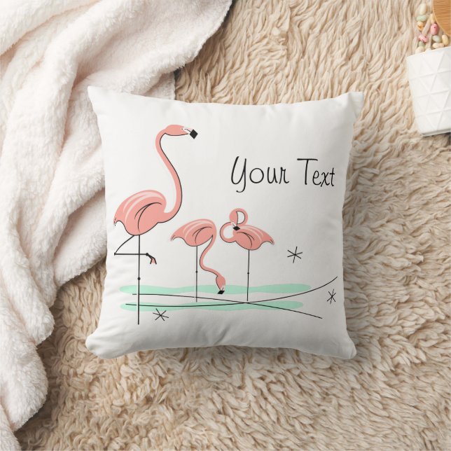 Flamingo Ocean Trio 4 Text coral check back square Throw Pillow (Blanket)