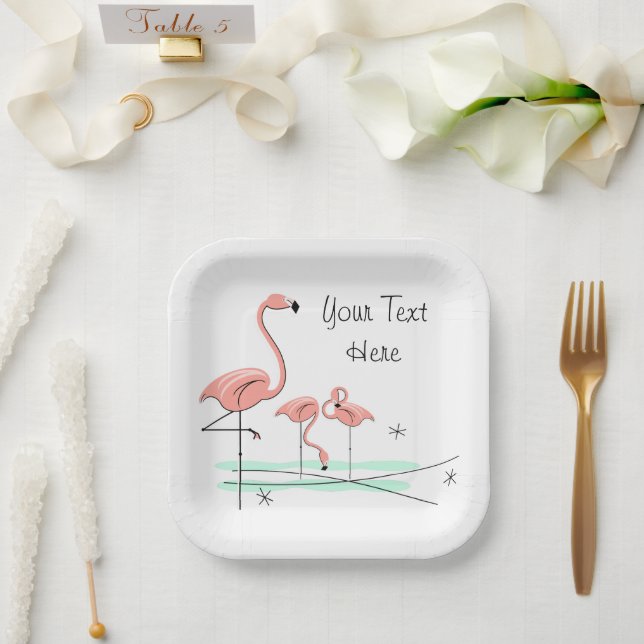 Flamingo Ocean Trio 4 Text square paper plate (Wedding)