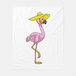 Flamingo on Beach with Hat Fleece Blanket