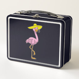 Flamingo on Beach with Hat Metal Lunch Box
