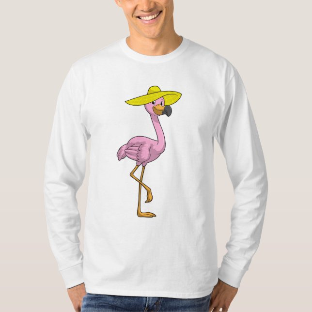 Flamingo on Beach with Hat T-Shirt (Front)