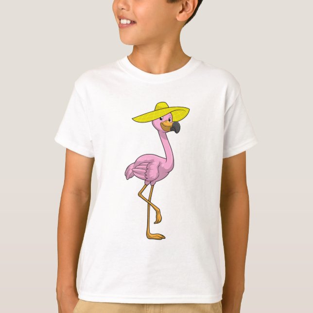 Flamingo on Beach with Hat T-Shirt (Front)