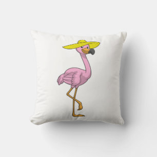 Flamingo on Beach with Hat Throw Pillow