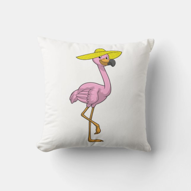Flamingo on Beach with Hat Throw Pillow (Front)