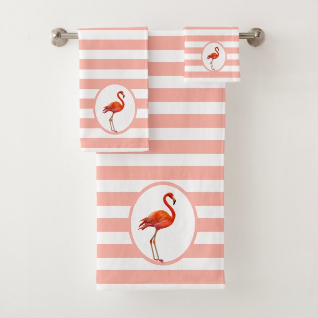 Flamingo on Coral & White Striped Bath Towel Set (Insitu)