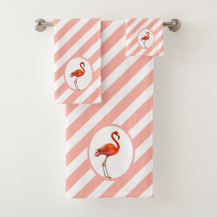 Flamingo on Coral & White Striped Bath Towel Set