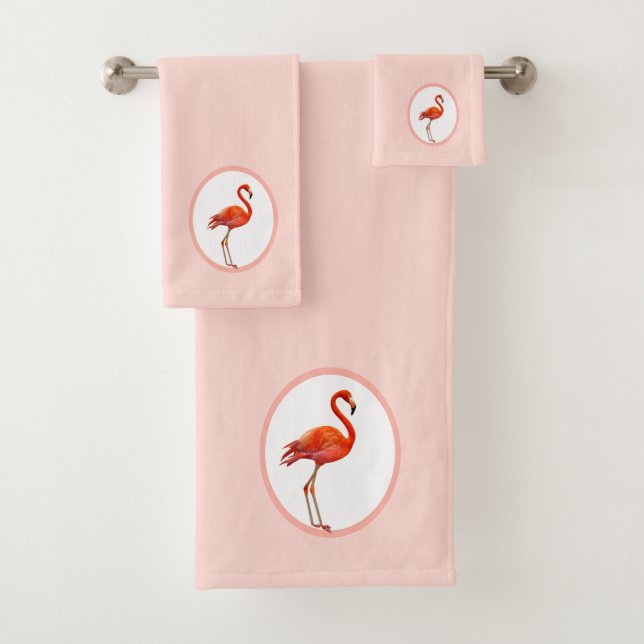 Flamingo on Light Coral Pink Bath Towel Set (Insitu)