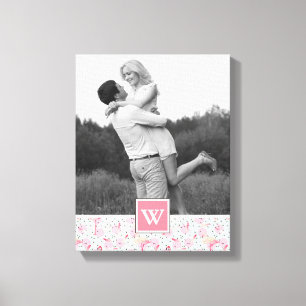 Flamingo On Polka Dots Photo With Monogram Canvas Print