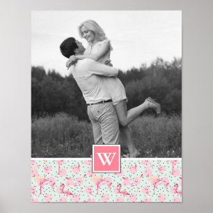 Flamingo On Polka Dots Photo With Monogram Poster