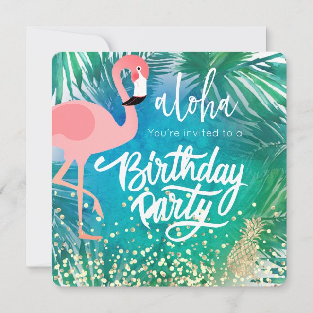 flamingo on tropical blue design invitation (Front)