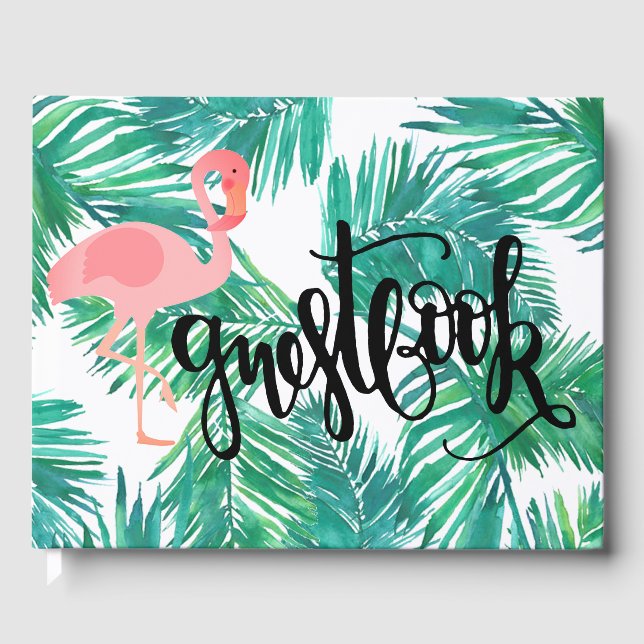 flamingo on tropical palm leaves calligraphy guest book (Front)