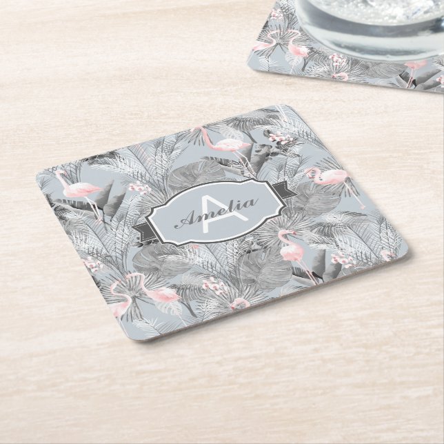 Flamingo Orchid Tropical Pattern Grey ID868 Square Paper Coaster (Angled)