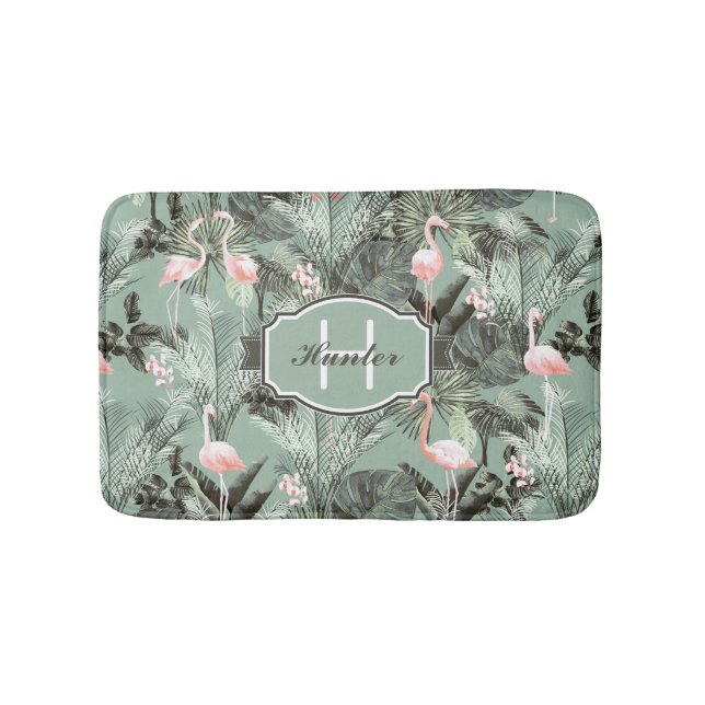 Flamingo Orchid Tropical Pattern Sage ID868 Bath Mat (Front)