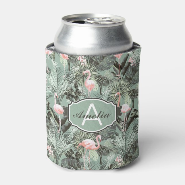 Flamingo Orchid Tropical Pattern Sage ID868 Can Cooler (Can Front)