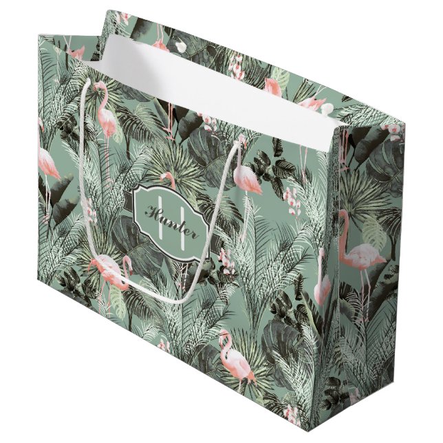 Flamingo Orchid Tropical Pattern Sage ID868 Large Gift Bag (Front Angled)
