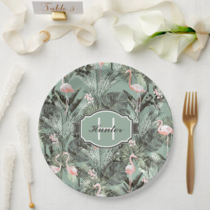 Flamingo Orchid Tropical Pattern Sage ID868 Paper Plate