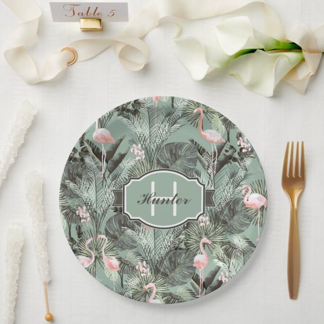 Flamingo Orchid Tropical Pattern Sage ID868 Paper Plate (Wedding)