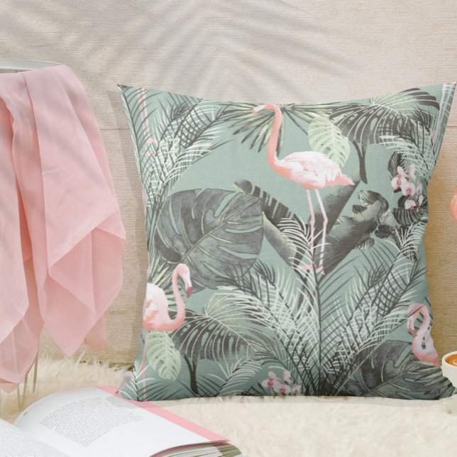 Flamingo Orchid Tropical Pattern Sage ID868 Throw Pillow (Creator Uploaded)