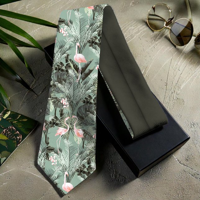 Flamingo Orchid Tropical Pattern Sage ID868 Tie (Creator Uploaded)
