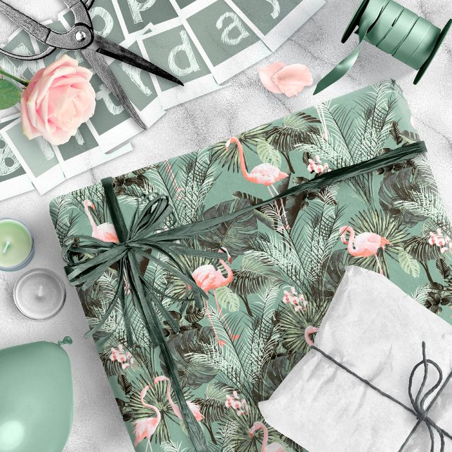 Flamingo Orchid Tropical Pattern Sage ID868 Wrapping Paper (Creator Uploaded)