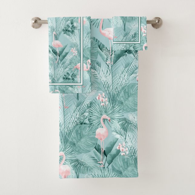 Flamingo Orchid Tropical Pattern Teal ID868 Bath T Bath Towel Set (Insitu)
