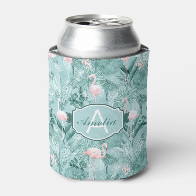 Flamingo Orchid Tropical Pattern Teal ID868 Can Cooler (Can Front)