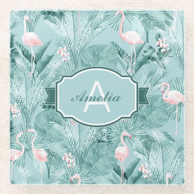 Flamingo Orchid Tropical Pattern Teal ID868 Glass Coaster (Front)