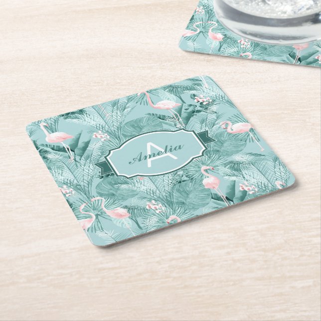 Flamingo Orchid Tropical Pattern Teal ID868 Square Paper Coaster (Angled)