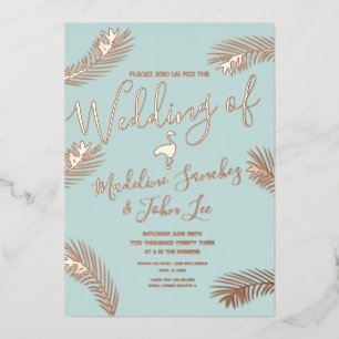 Flamingo Palm Leaf Foil Pressed Wedding Invitation