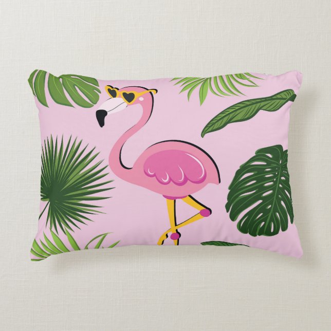 Flamingo Palm Leaves Tropical Design Accent Pillow (Front)