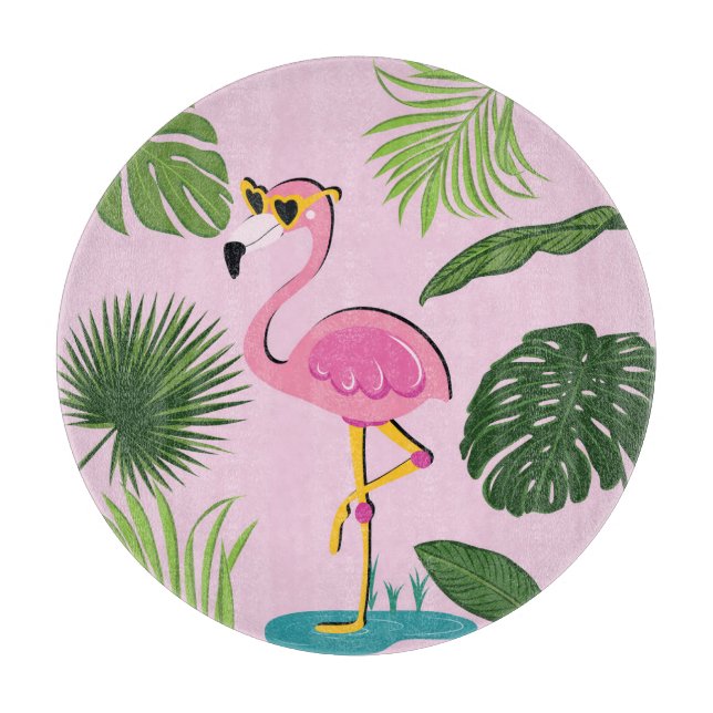 Flamingo Palm Leaves Tropical Design Cutting Board (Front)