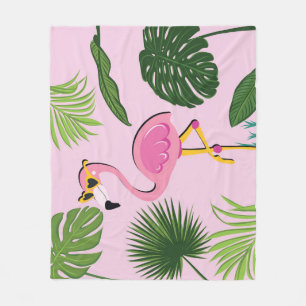 Flamingo Palm Leaves Tropical Design Fleece Blanket