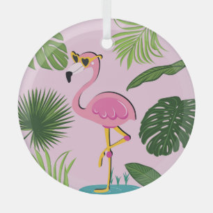 Flamingo Palm Leaves Tropical Design Glass Ornament