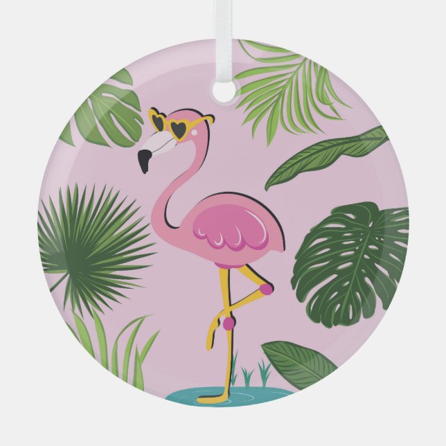 Flamingo Palm Leaves Tropical Design Glass Ornament (Front)